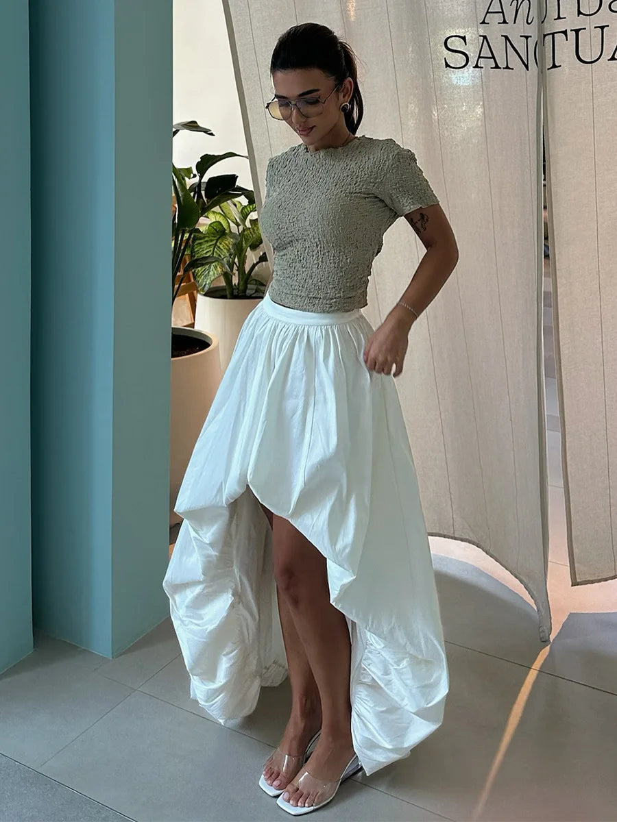 Cotton Ruched Asymmetric Midi Skirt