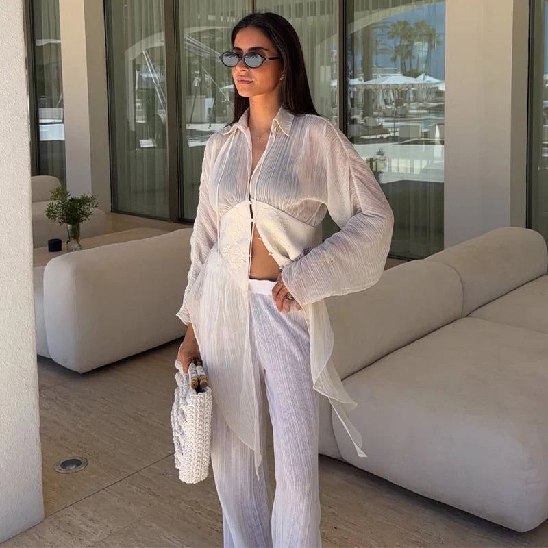 Elegant See-Through Patchwork Long Sleeve Top for Women