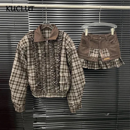 KUCLUT 2025 Autumn New Style Fashion Suit For Women Niche Patchwork Plaid Short Jacket mini Skirt Two-Piece Set Female 1A1237