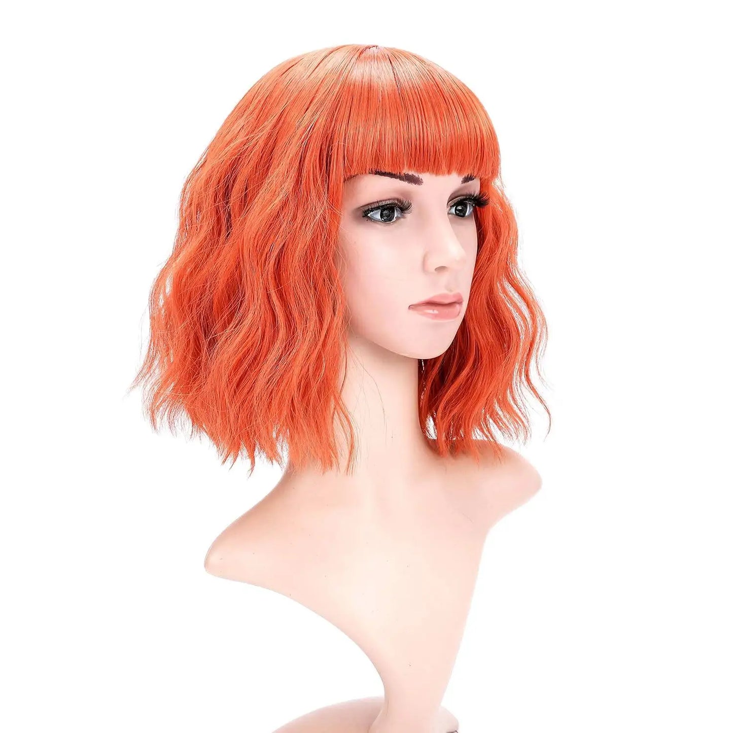 Natural Brown Synthetic Curly Wavy Bob Wig With Bangs For Women