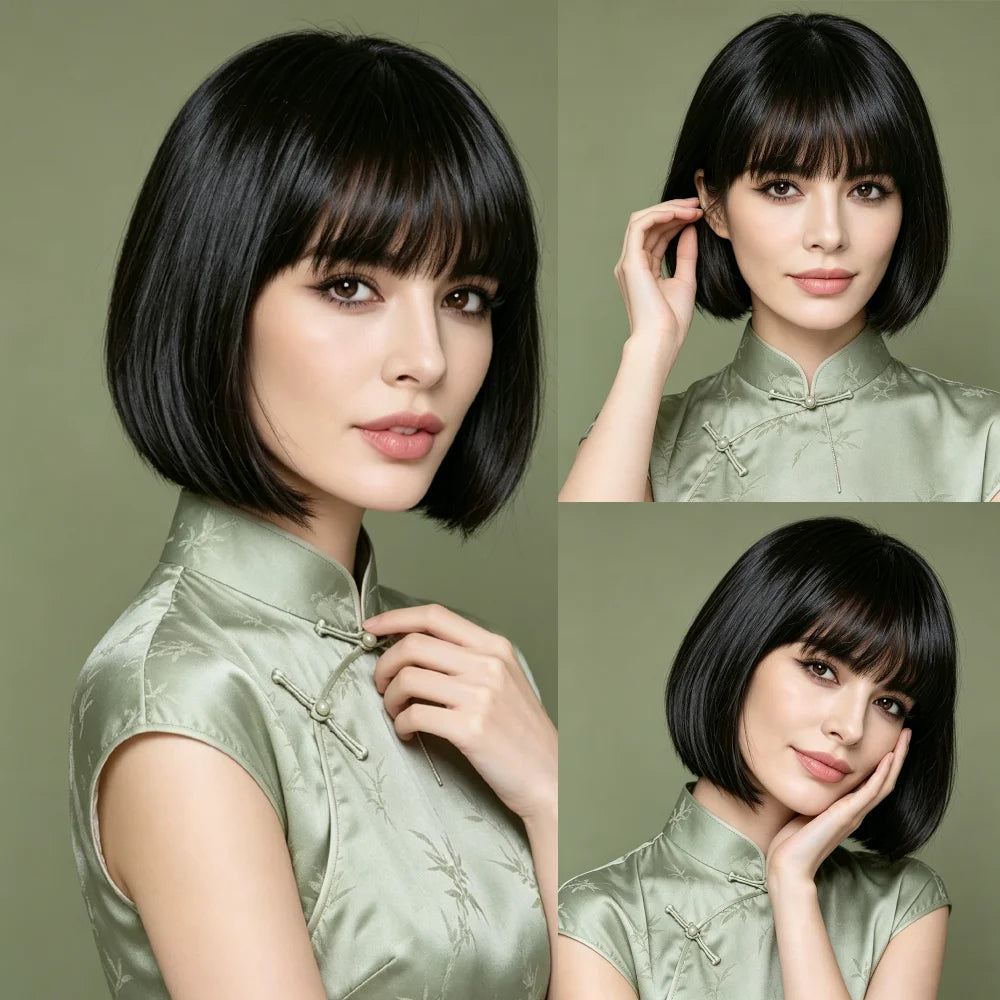 Straight Human Hair Bob Wig With Full Bangs For Women