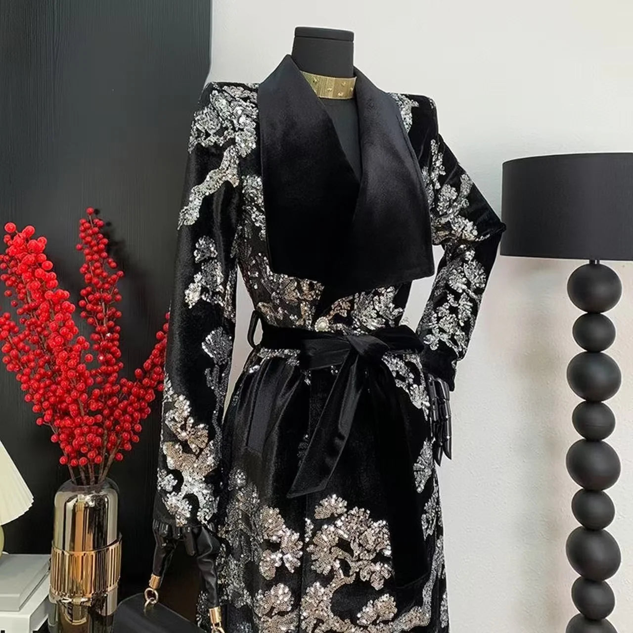 Adjustable Waist Windbreaker Coat Autumn/Winter New Sequins Trench Coat, Women's Coat, English Style Overcoat