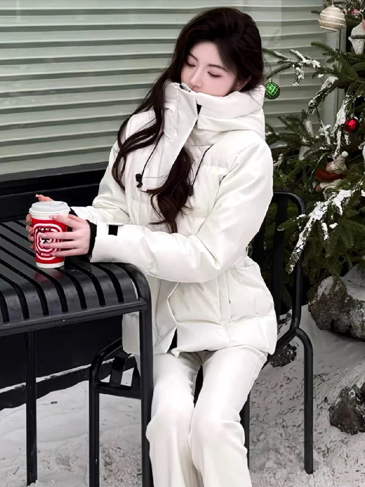 Warm Belted Hooded Winter Puffer Down Jacket for Women