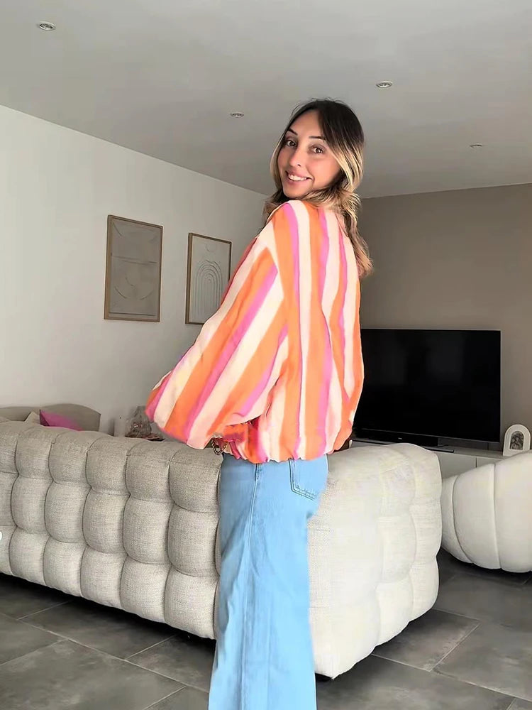 Elegant Striped with Stand Collar Jacket for Women