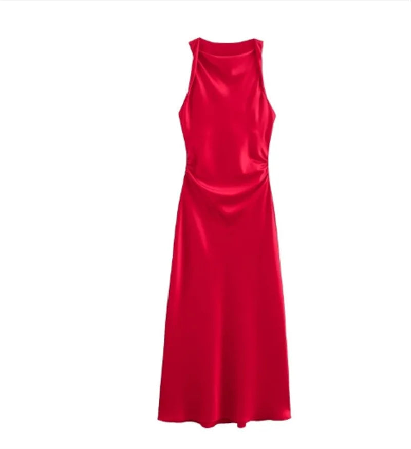 Summer Women's Satin Long Dresses Fashion Sleeveless Elegant Evening Party Dresses