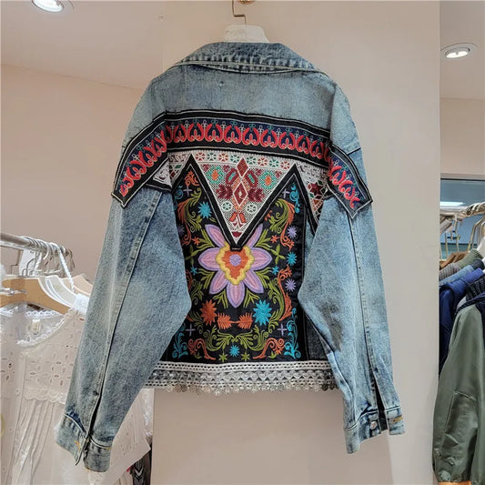 YEAE Ladies Bohemian Denim Jacket Autumn Floral Patch Embroidered Vintage Jacket Long Sleeve Outerwear Women's Jacket