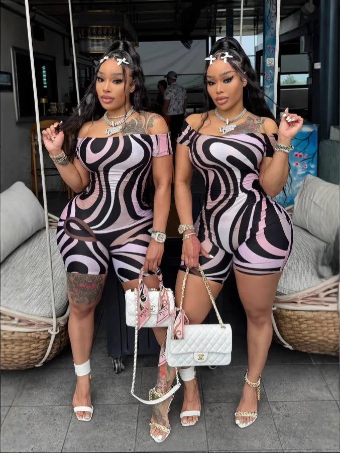 FAGADOER Sexy Stripe Print Bodycon Romper Women Off Showlder Backless One-piece Jumpsuits Hot Girl Streetwear Overalls 2025 New