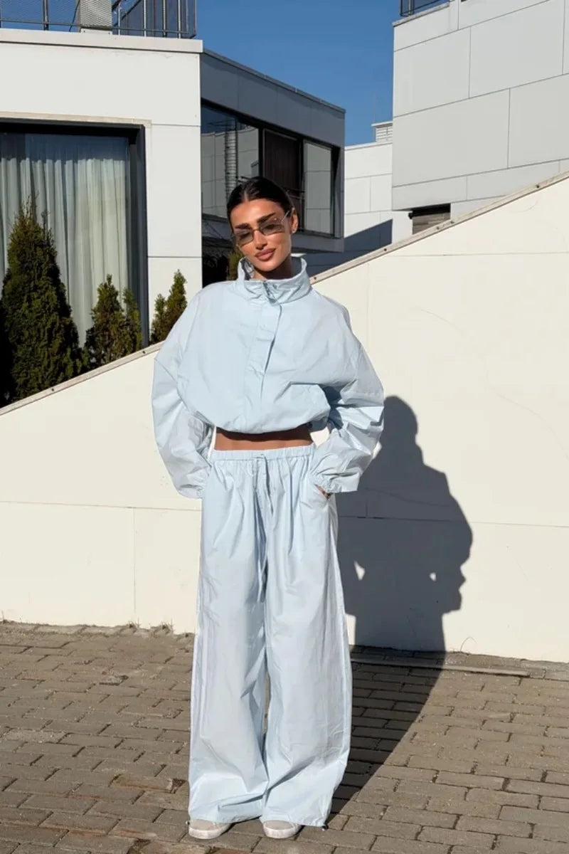 Lace Up Stand Collar Wide Leg Two Piece Set for Women