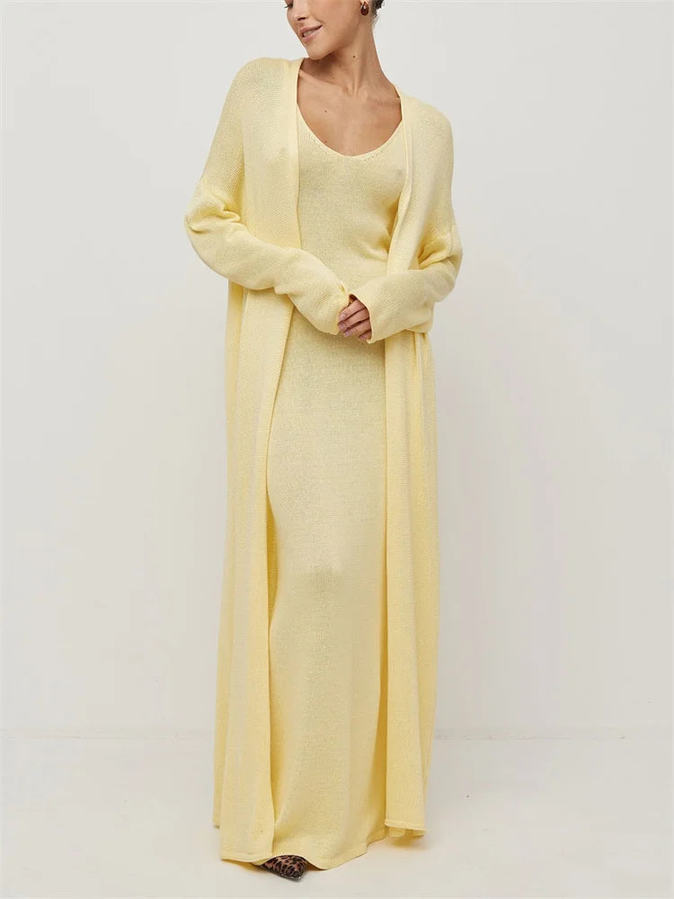 V-Neck Ribbed Knit Maxi Dress Set