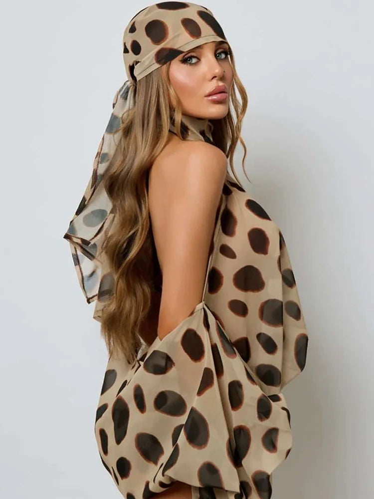Polka Dot Halter Backless Playsuit With Headscarf for Women