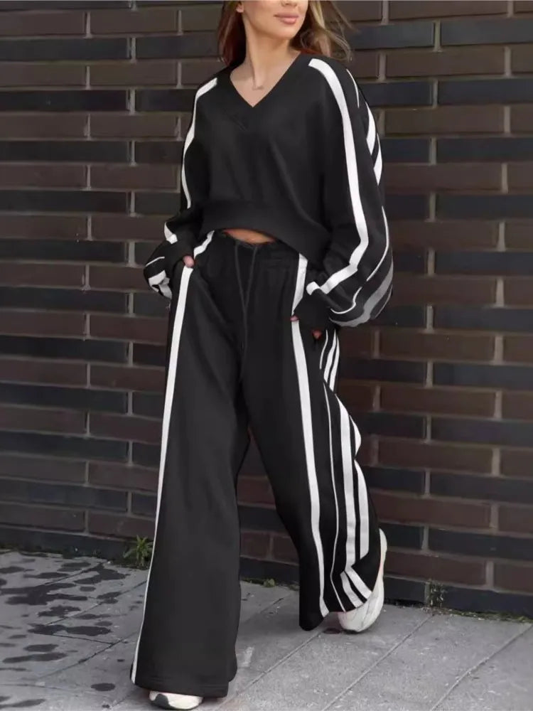 V Neck Cropped Top Color Block Set