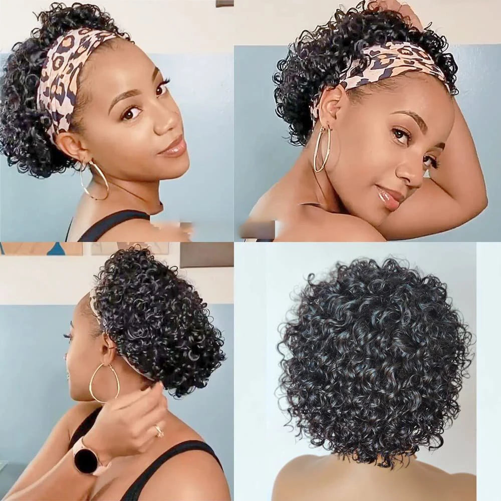 Headband Short Curly Pixie Cut Human Hair Wig for Women
