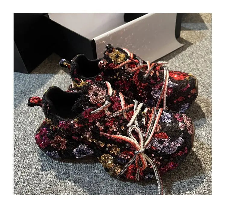 Sparkling Crystal Platform Lace Up Sneakers for Women