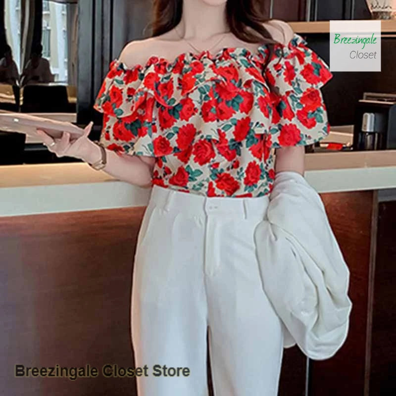 Casual French Style Floral One Shoulder Shirt For Women