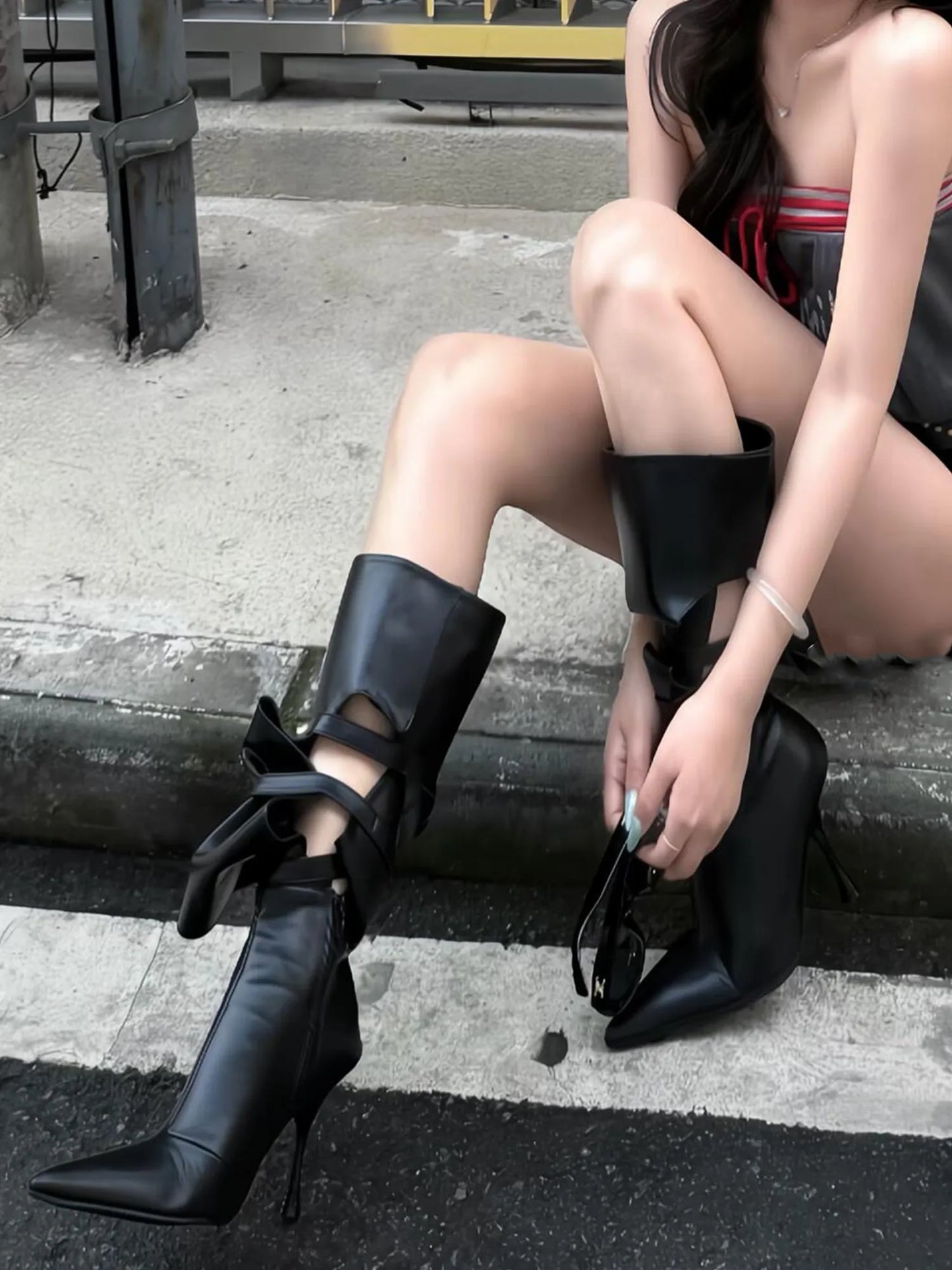 Black Patchwork Rivet Pointed Toe Thigh High Boots For Women