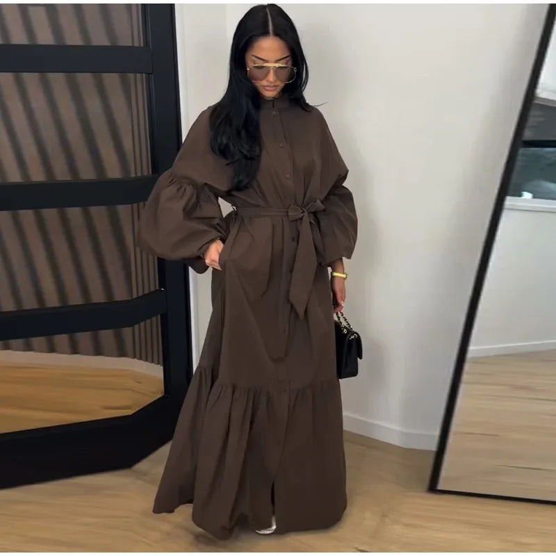 Casual Belted Long Lantern Sleeve Button Dress for Women
