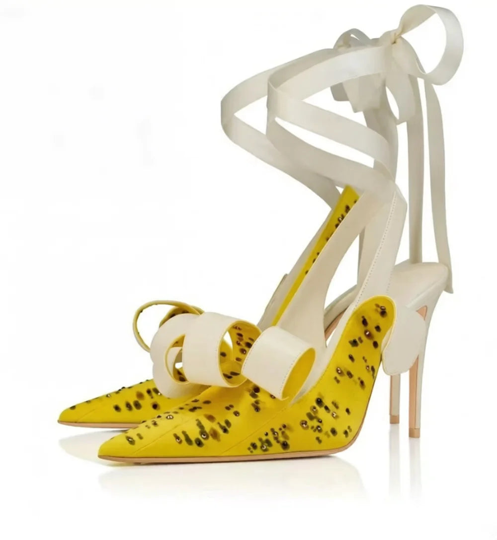Yellow Satin Bow Pointed Toe Pumps