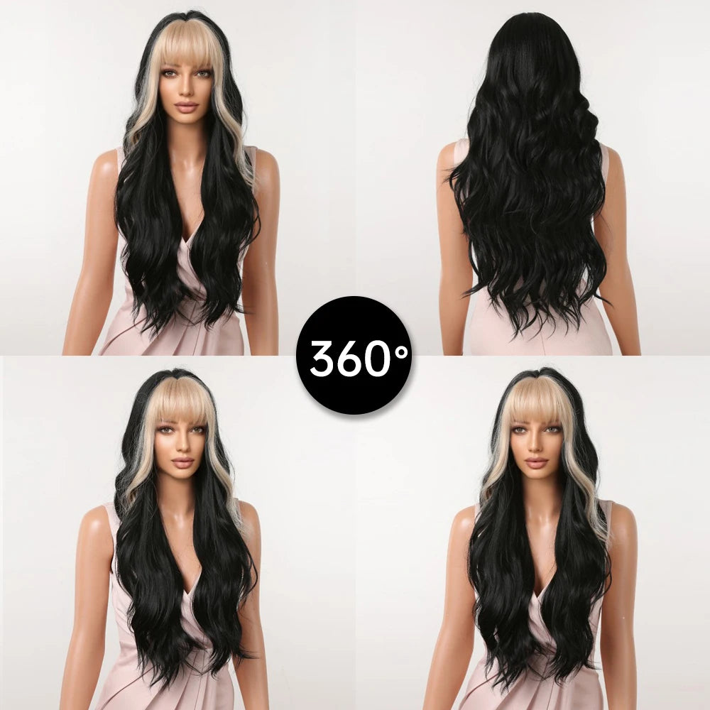 Long Wavy Black Synthetic Wig With Blonde Bangs for Women