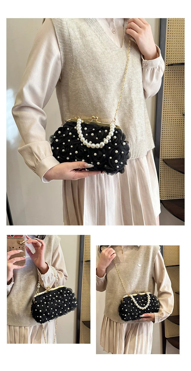 Pearl Floral Chain Evening Crossbody Bag