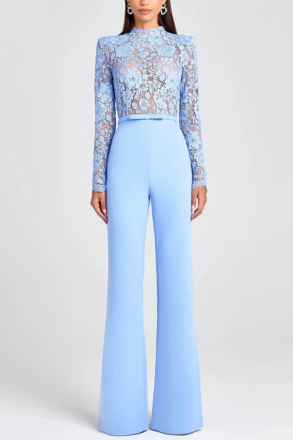 Embroidery Lace Blue Jumpsuits Women Sexy Slim Long-sleeved Belt High Waist Jumpsuit Female 2025 Casual Lady Party Jumpsuits