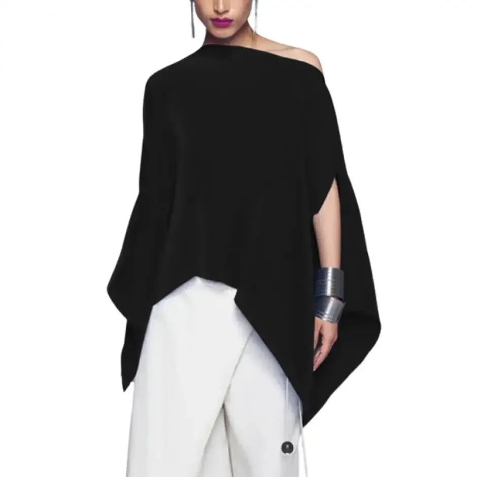 Beautyblue Black Women's T-Shirts Asymmetric Batwing Sleeves Tops New Casual One-Shoulder Loose Comfortable Female Blouses