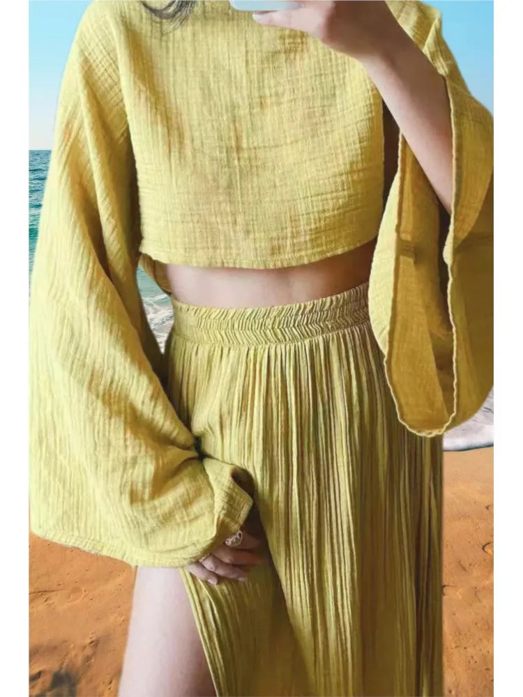Casual Cotton Linen Blend Two Piece Skirt Set for Women