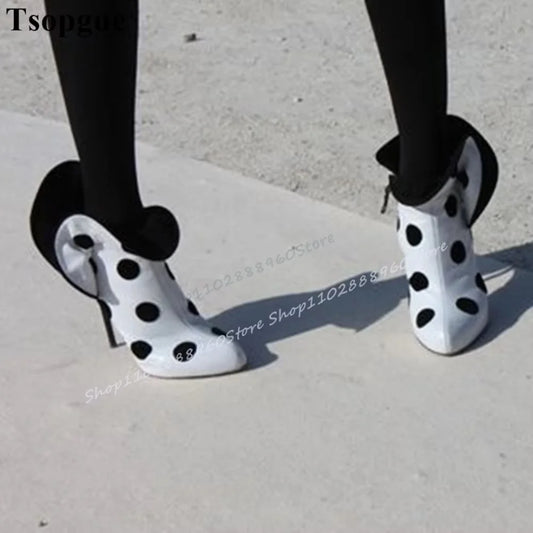 White And Black Dot Ruffles Ankle Boots Thin High Heel Shoes For Women Side Zipper Pointed Toe Casual Occidental Style Boots