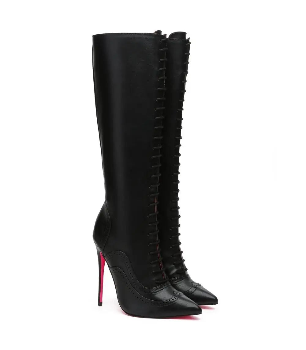 Pointed Toe Patent Leather Lace Up Knee High Boots for Women