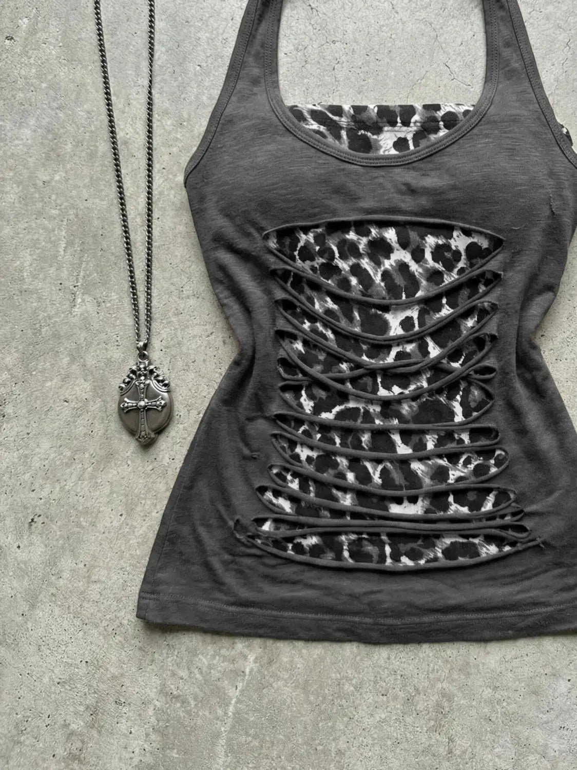 Leopard Patchwork Cropped Halter Tank Top for Women