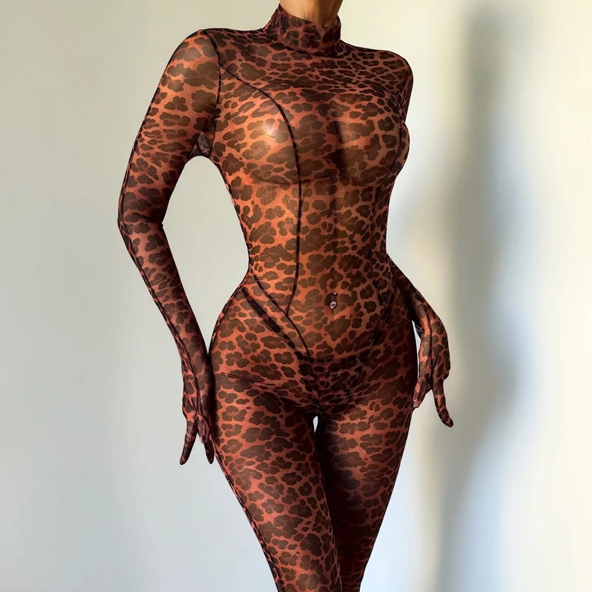 Slim Fit Leopard Print Long Sleeve Two Piece Set for Women