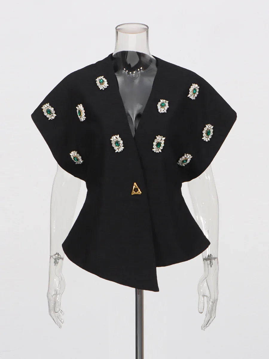 Black Diamond Encrusted Single Breasted Cropped Jacket For Women