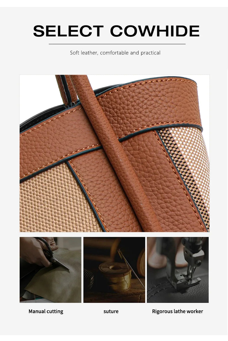 Retro Checkered Large Capacity Canvas And Leather Handbag for Women