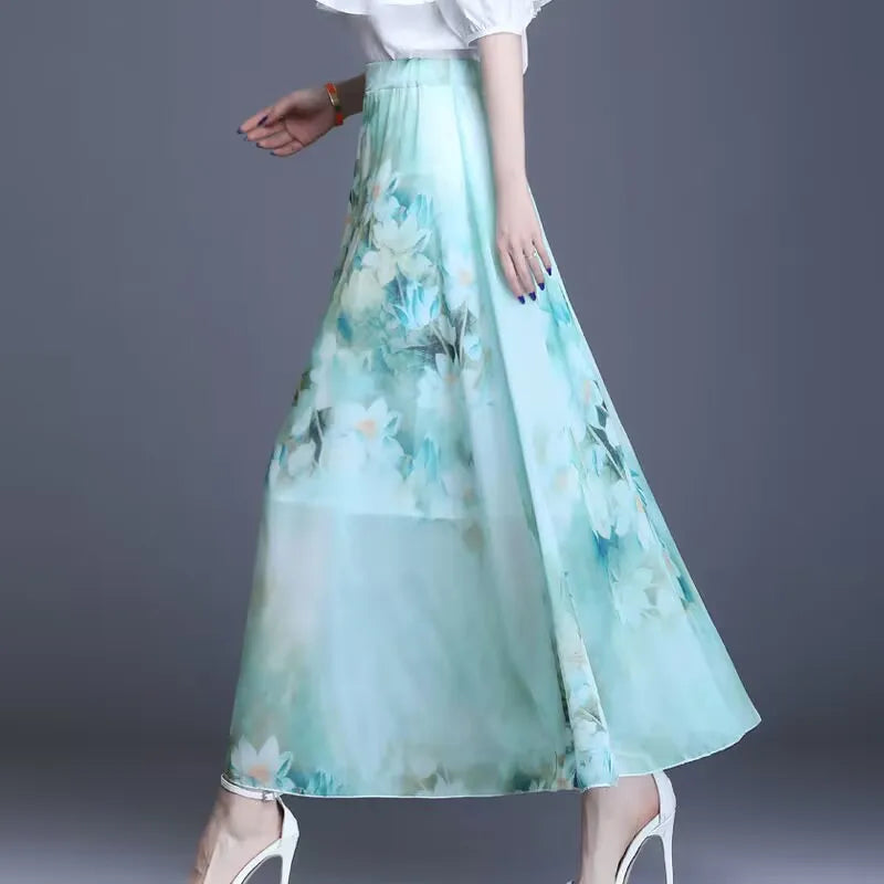 Women's Floral Printed Long Chiffon Skirt, Elastic, High Waist, A Line, Max Pleated, Summer, Fashion