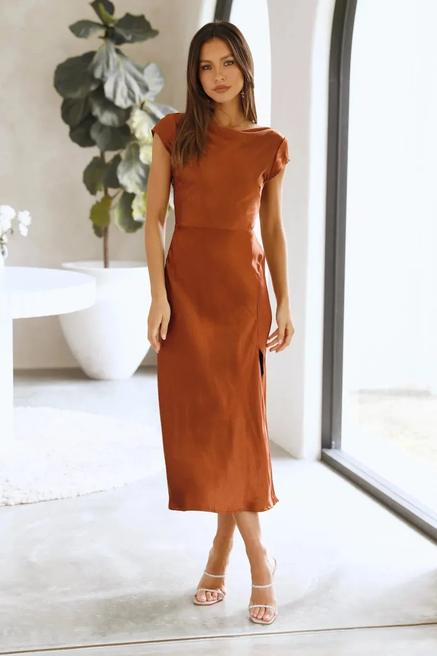 Elegant Solid Color Satin Slim Backless Slit Dress for Women