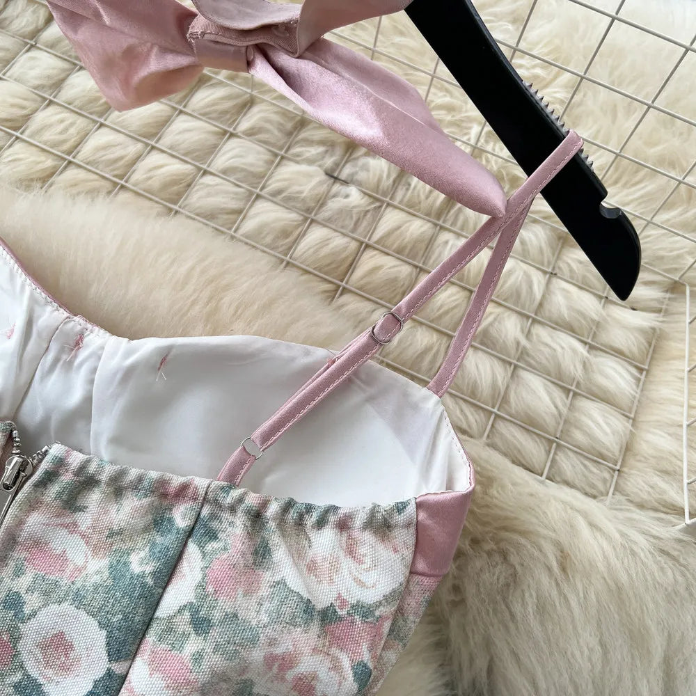 Bow Floral Satin Cami And Mermaid Skirt Set for Women