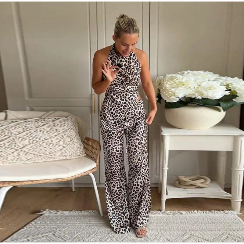 Leopard Print Halter Neck Top And High Waist Flare Pants Set For Women