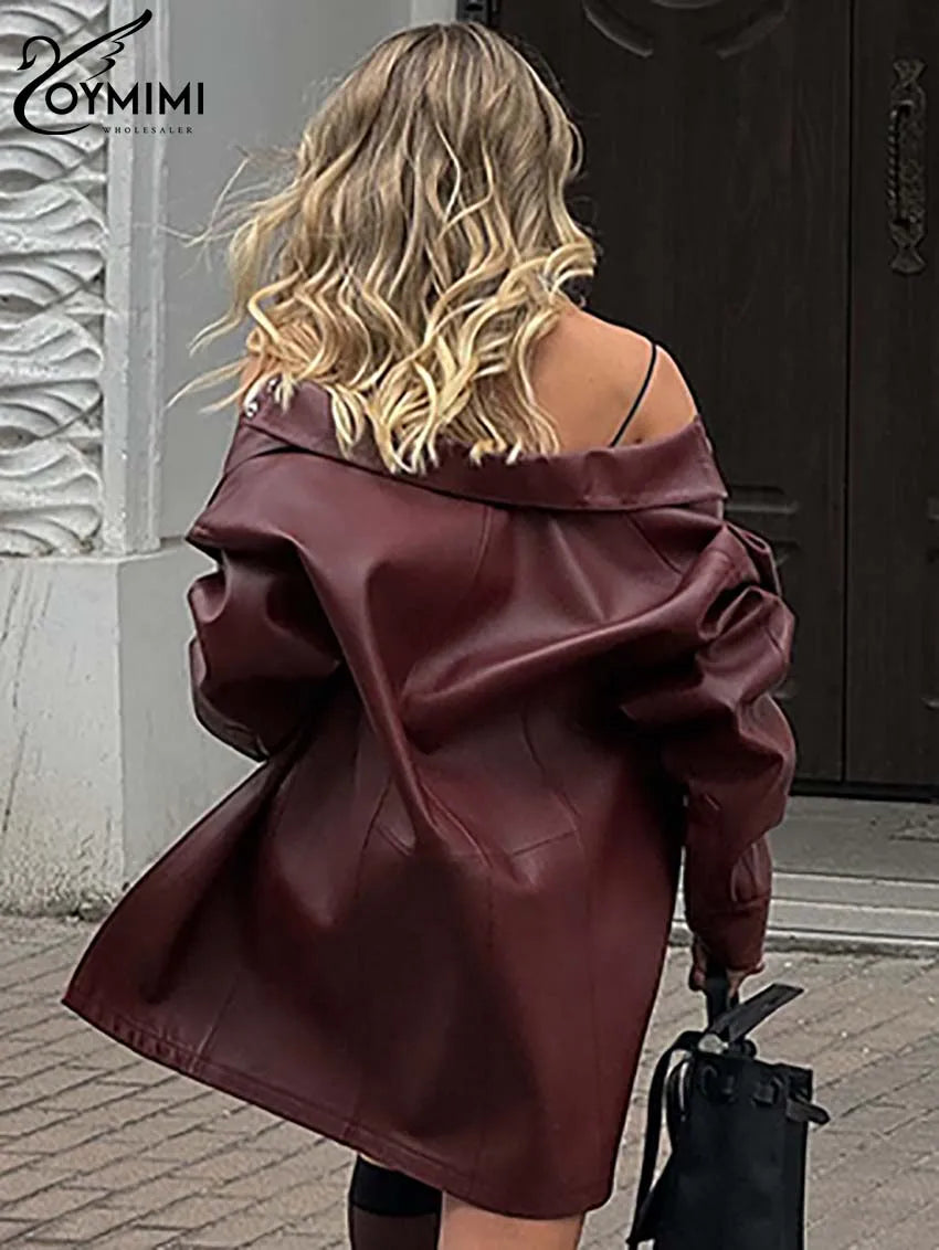 Oymimi Fashion Wine Red Pu Leather Women's Two Pieces Set Elegant Long Sleeve Button Shirts And Spaghetti Strap Mini Dress Sets