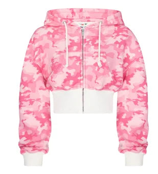 American hot girl casual pink camouflage versatile short slim zipper hooded sweatshirt loose straight sweatpants two-piece set