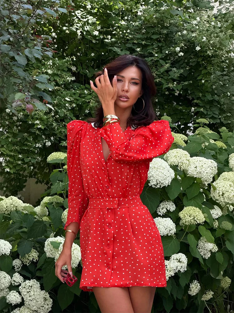 Elegant Polka Dot V Neck Puff Sleeve Mini Dress for Women