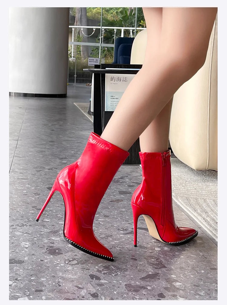 Elegant Rhinestone Bordered Side Zipper High Heel Ankle Boots for Women