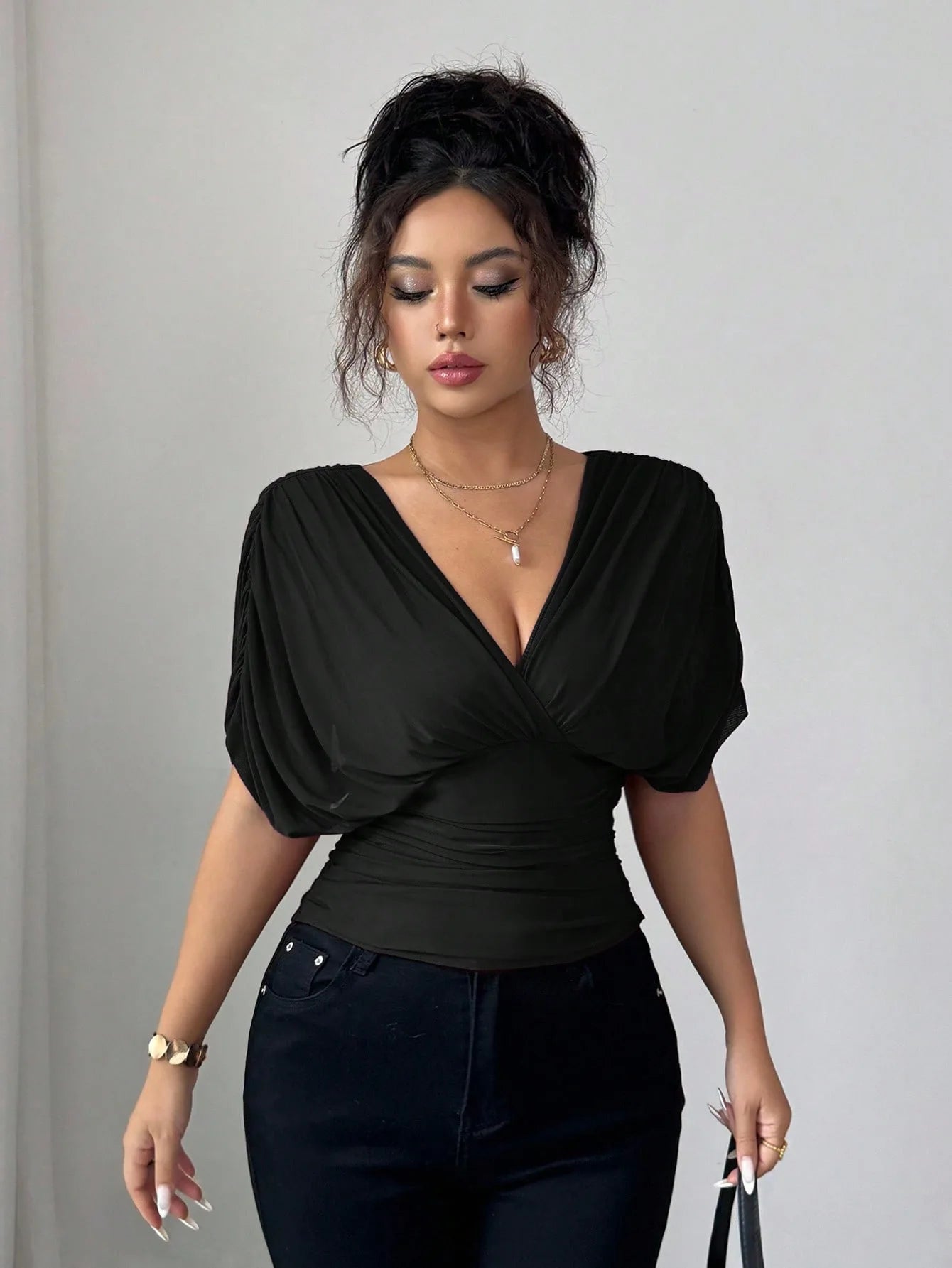 Elegant Deep V Neck Flutter Sleeve Waist Cinching Top for Women