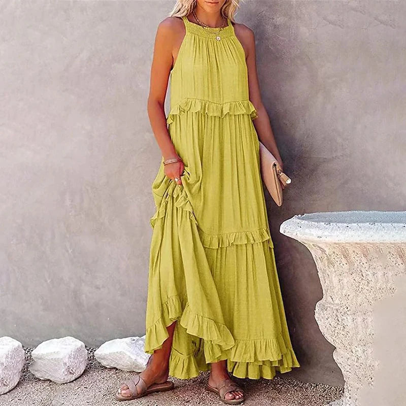Solid Ruffled Sleeveless Maxi Sundress for Women