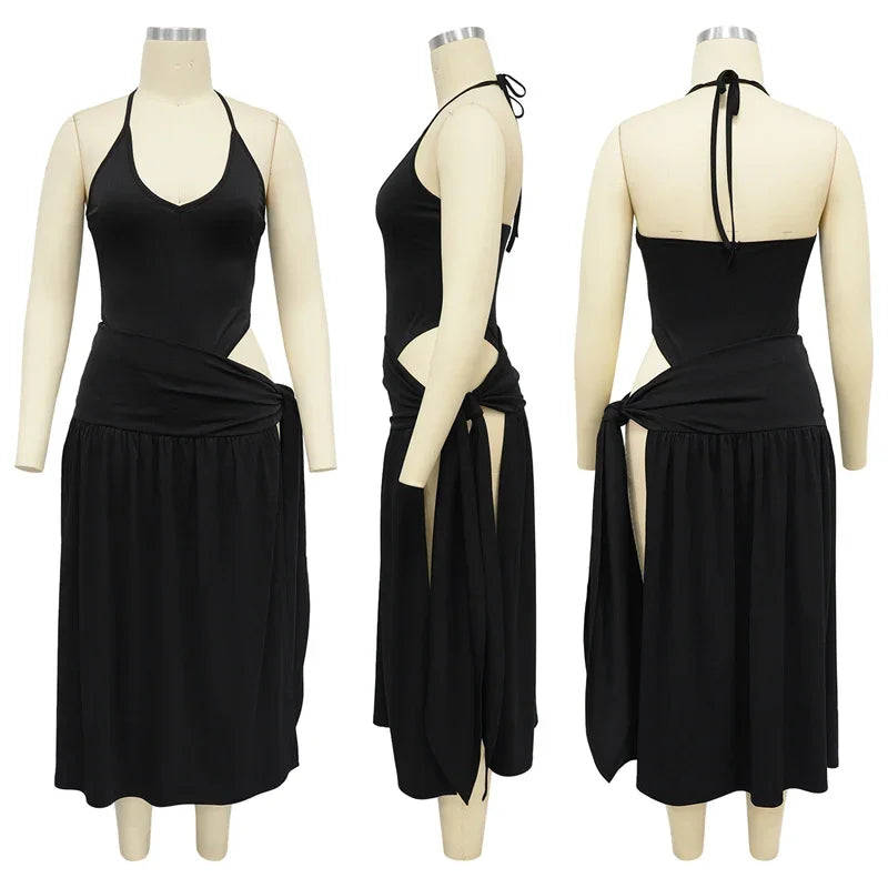 Halter Backless Bodysuit Top and Lace-Up Skirt Two-Piece Set for Women