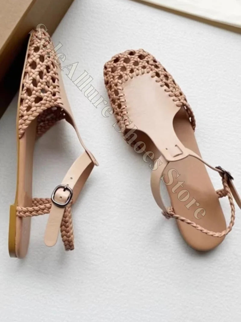 Woven Leather Closed Toe Sandals With Adjustable Buckle For Women