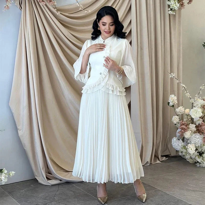 Ruffle Lantern Sleeve Top and Pleated Skirt Set for Women