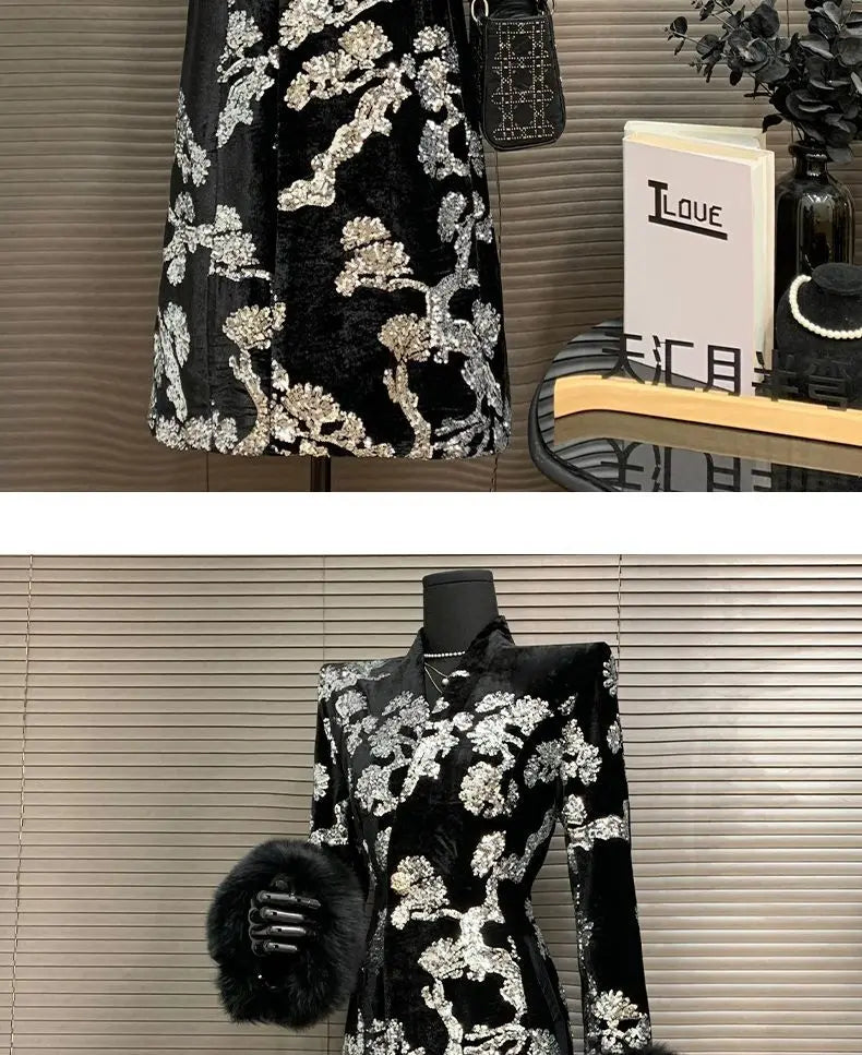 Black Velvet Sequins Windbreaker Coat Autumn/Winter New English style Luxury Sequin Embroidered Women's Coat