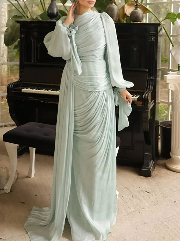 Lantern Sleeve Pleated Maxi With Lace Up O Neck Dress for Women