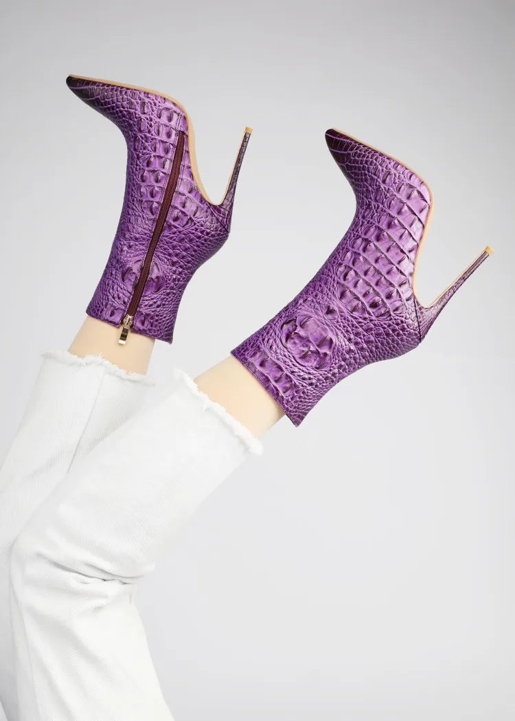 Purple Crocodile Stiletto Ankle Boots