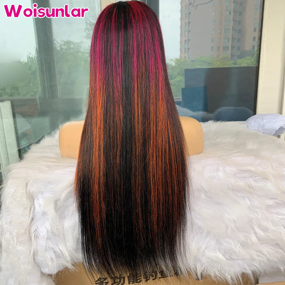 Highlight Pink Yellow and Black Lace Front Human Hair Wigs Straight 200% For Women 13x6 13x4 Transparent Lace Human Hair Wig 100