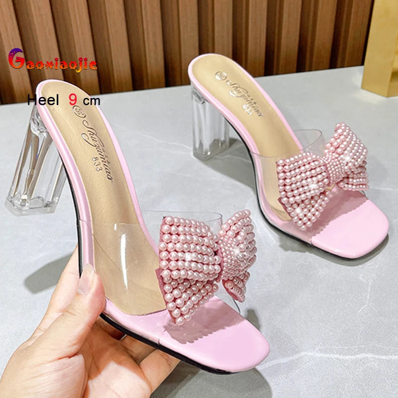 Pink Pearl Bow Design Clear Crystal High Heels for Women